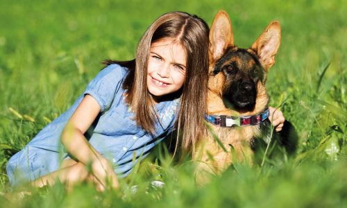 little girl and dog together on the grass